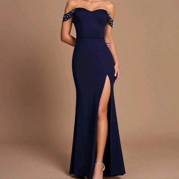 Elegant Navy Blue Satin Off Shoulder Bodycon High Split Fishtail Dress - Picture 1 of 4